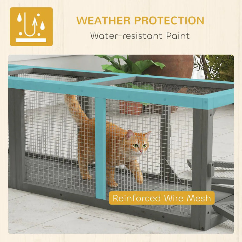 PawHut Outdoor Cat Tunnel, Wooden Play Cat Enclosure, Extendable Pet Run with 3 Doors, for Indoor and Outdoor Use, Grey