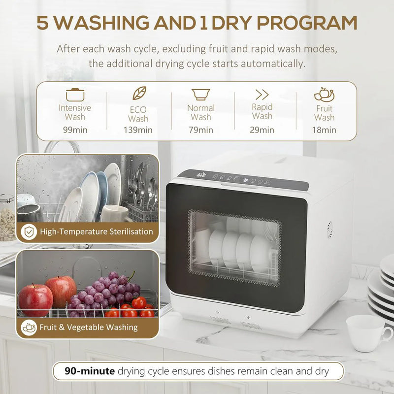 HOMCOM 6L Five-Mode Tabletop Dishwasher - White
