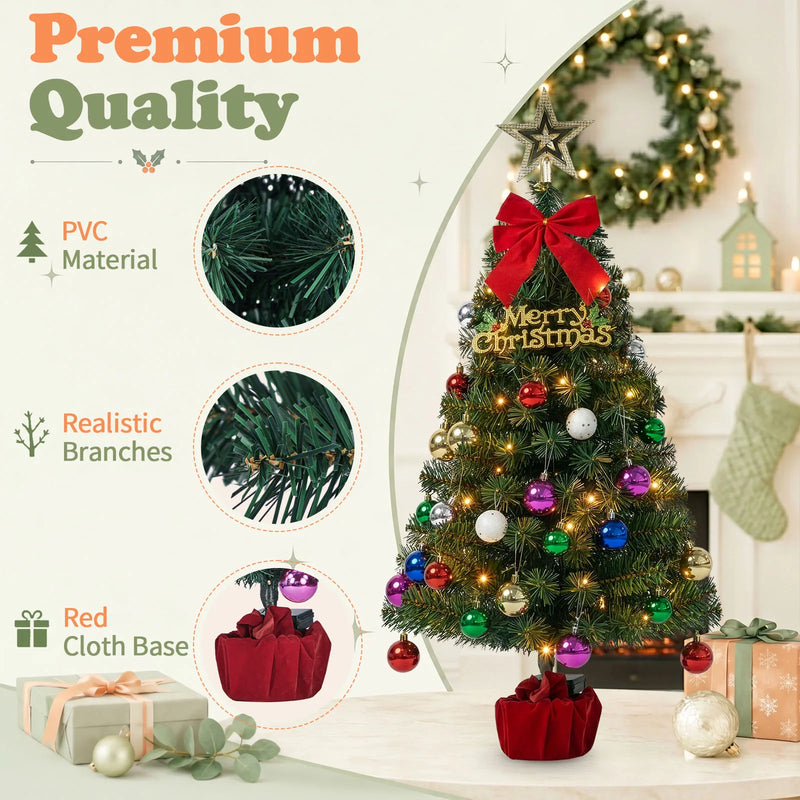 3FT Pre-Lit Artificial Christmas Tree, Green PVC Mini Xmas Tree with 50 Warm White LED Lights (8 Modes), 120 Branch Tips, Tree Topper Star, Bow & Letter Sign Decorations, Red Cloth Wrapped Base, Battery Operated