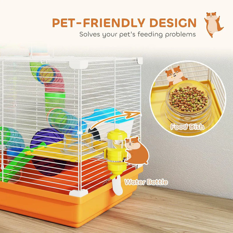 PawHut 2 Tier Hamster Cage, Gerbil Cage with Handle, Exercise Wheels, Tunnel, Water Bottle, Dishes, Ladder, for Dwarf