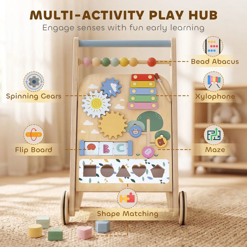 AIYAPLAY Wooden Baby Walker, Toddler Push Along Walker with Speed Control, Activity Centre and 5 Blocks for 18 Months, Natural