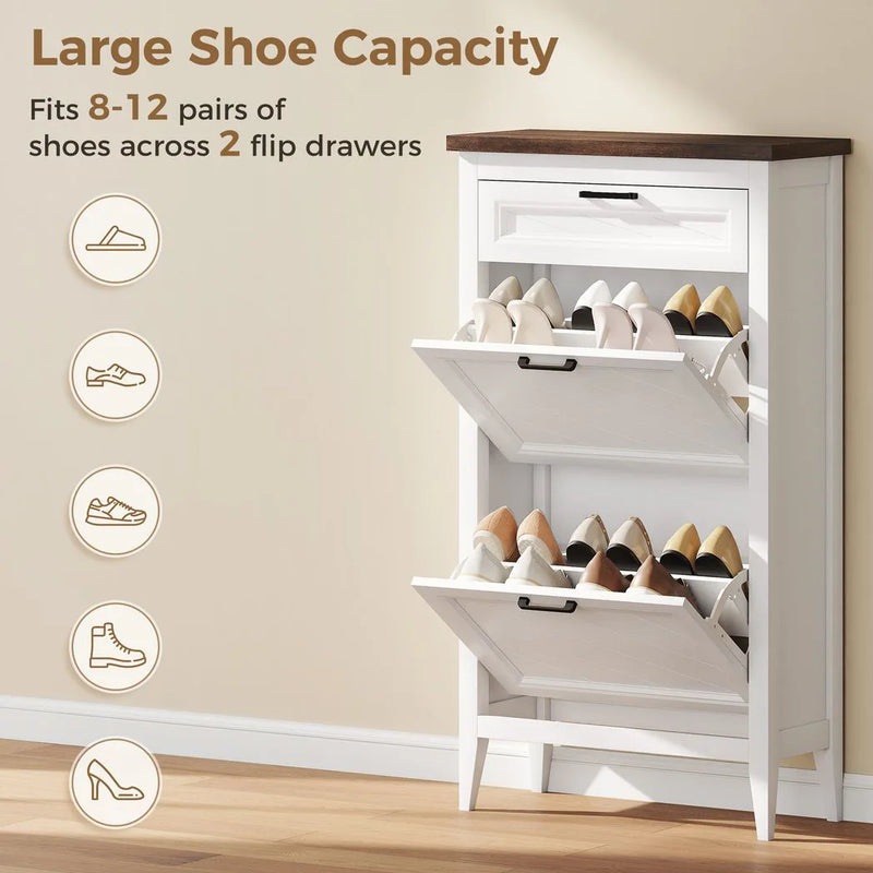 HOMCOM Shoe Cabinet with 2 Flip Drawers, Farmhouse Narrow Shoe Storage Cabinet with Adjustable Shelves, White