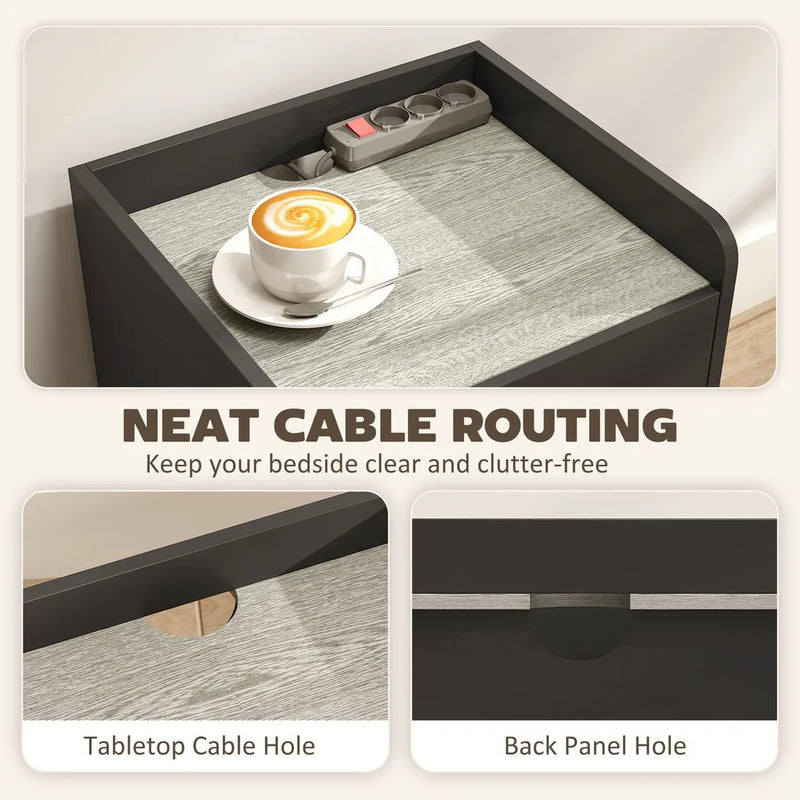 HOMCOM Modern Bedside Table, Slim Nightstand with Drawer, Shelf and Cable Holes, Black and Grey Wood Effect