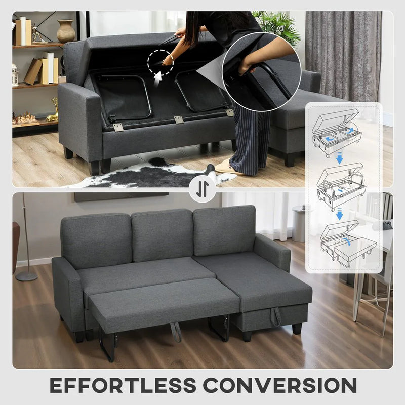 HOMCOM Three-Seater Storage Sofa Bed -  Charcoal Grey