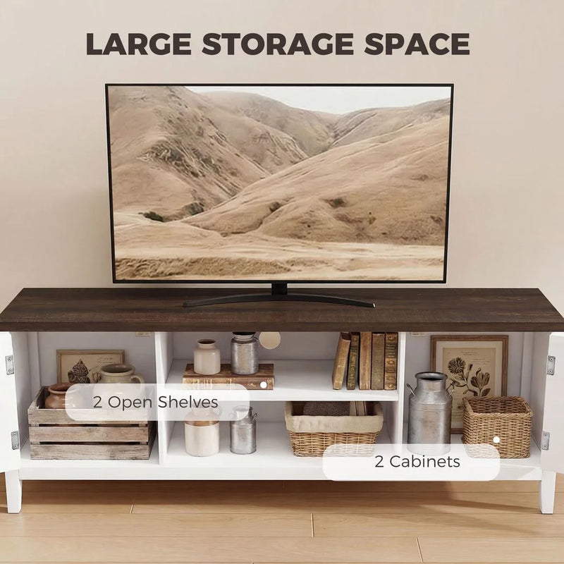 HOMCOM TV Unit for TVs up to 42 Inch, Farmhouse Entertainment Centre with 2 Open Shelves, 2 Cabinets and Thick Top