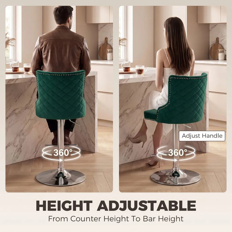 HOMCOM Bar Stools Set of 2, Modern Swivel & Adjustable Velvet Barstools with Button-Tufted Back, Footrest for Home Bar, Green