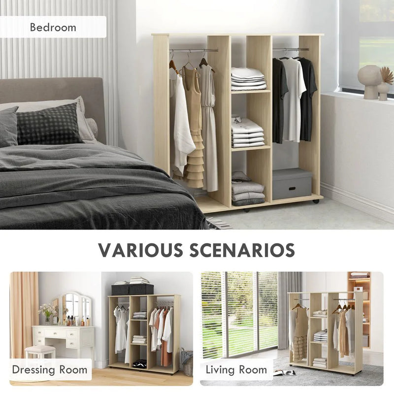 HOMCOM Open Wardrobe Double Mobile Storage Shelves Organizer W/6 Wheels-Natural