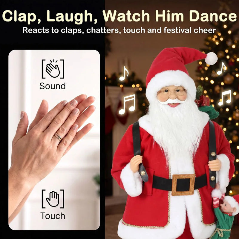 HOMCOM 4ft Singing Dancing Santa Claus, Standing Christmas Animated Santa Figure with Sack, Hanging Elf, Sound/Touch Activated