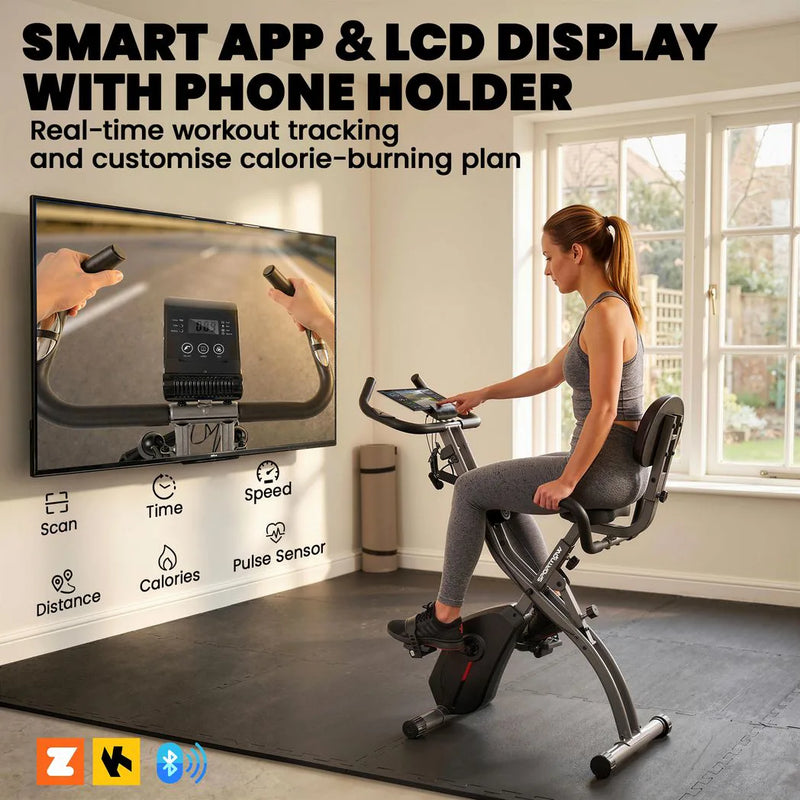 SPORTNOW 4-In-1 Folding Exercise Bike with Resistance Bands, Bluetooth App, 8-Level Magnetic Resistance, LCD Display, Black