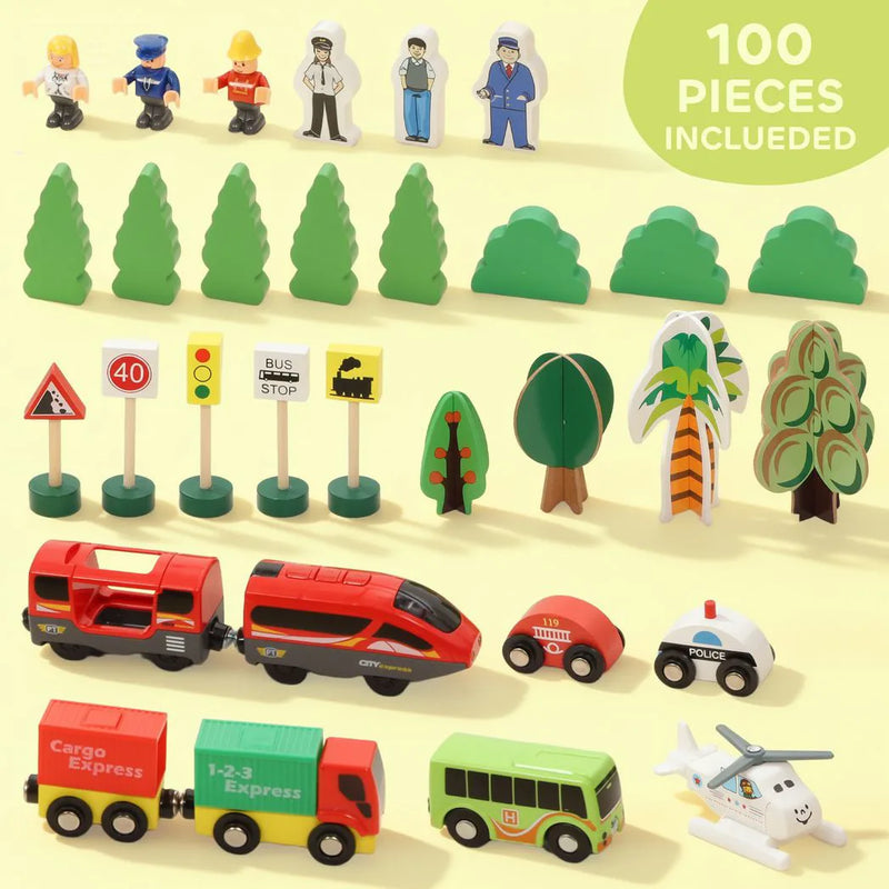 AIYAPLAY 100 Piece Wooden Train Set for Kids 3 Years with Track, Crane, Battery Operated Train
