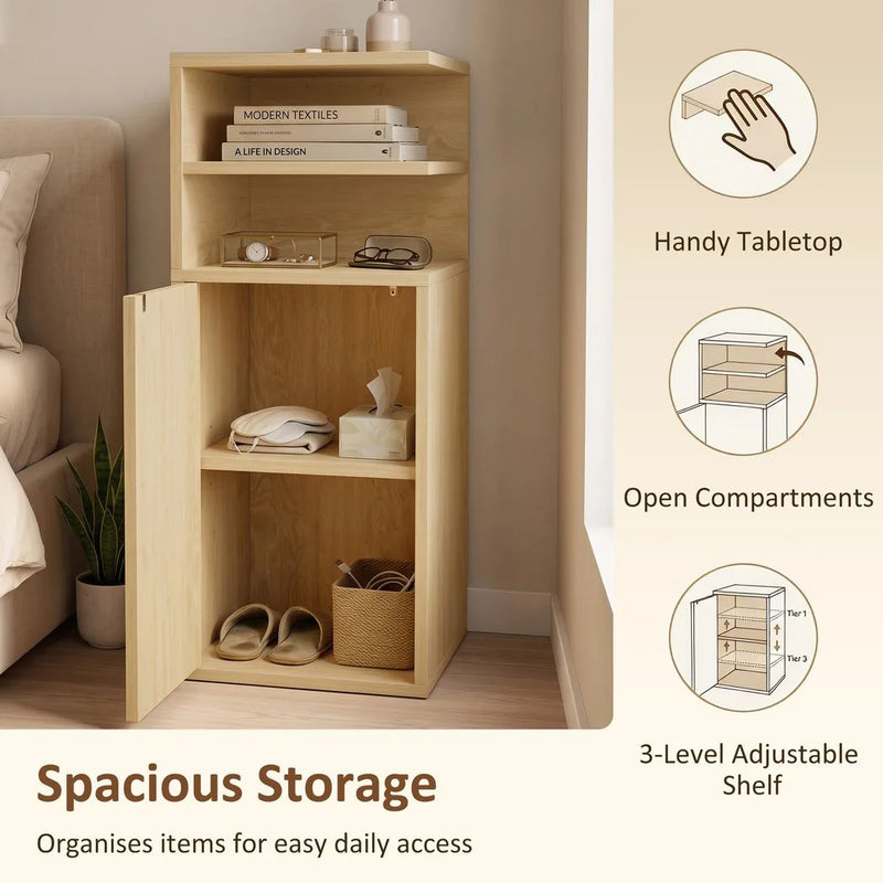 HOMCOM Slim Bedside Table Set of 2, Narrow Bedside Cabinet with Open Cubbies and Cupboard for Bedroom Living Room, Oak