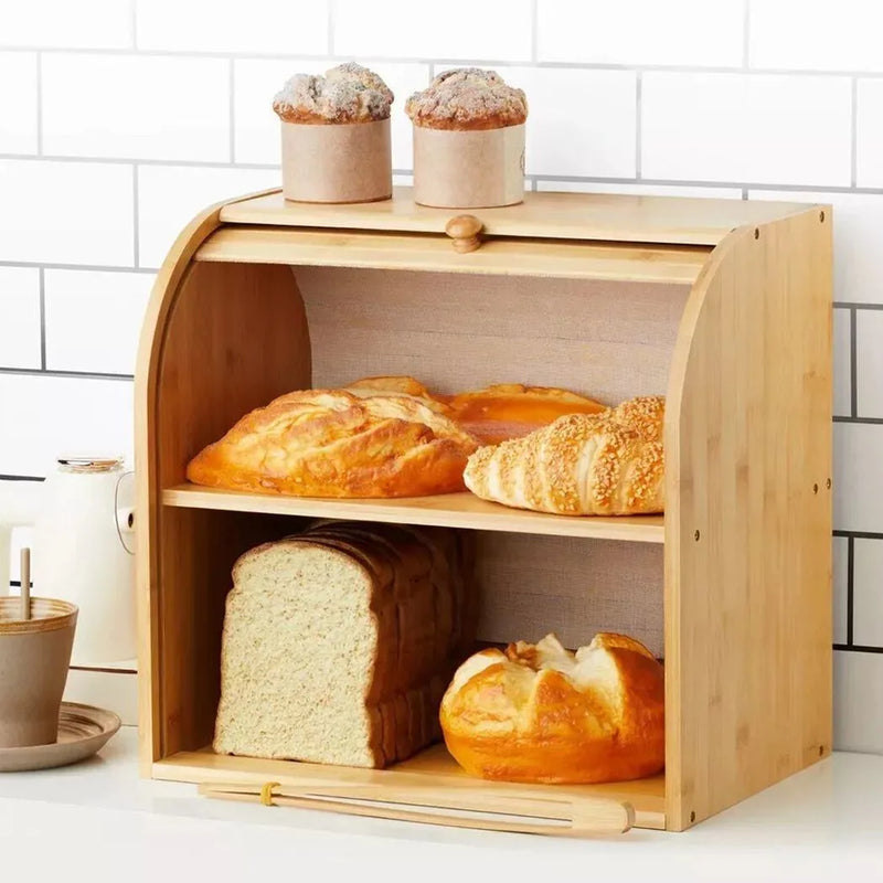 Bread Bin 2 Tiers Double Layer Box Slide Roll Top Food Storage Rack Home Kitchen