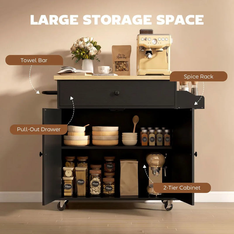 HOMCOM Kitchen Island with Drop Leaf, Rolling Kitchen Storage Trolley on Wheels with Drawer, Spice Rack and Towel Rack, Black