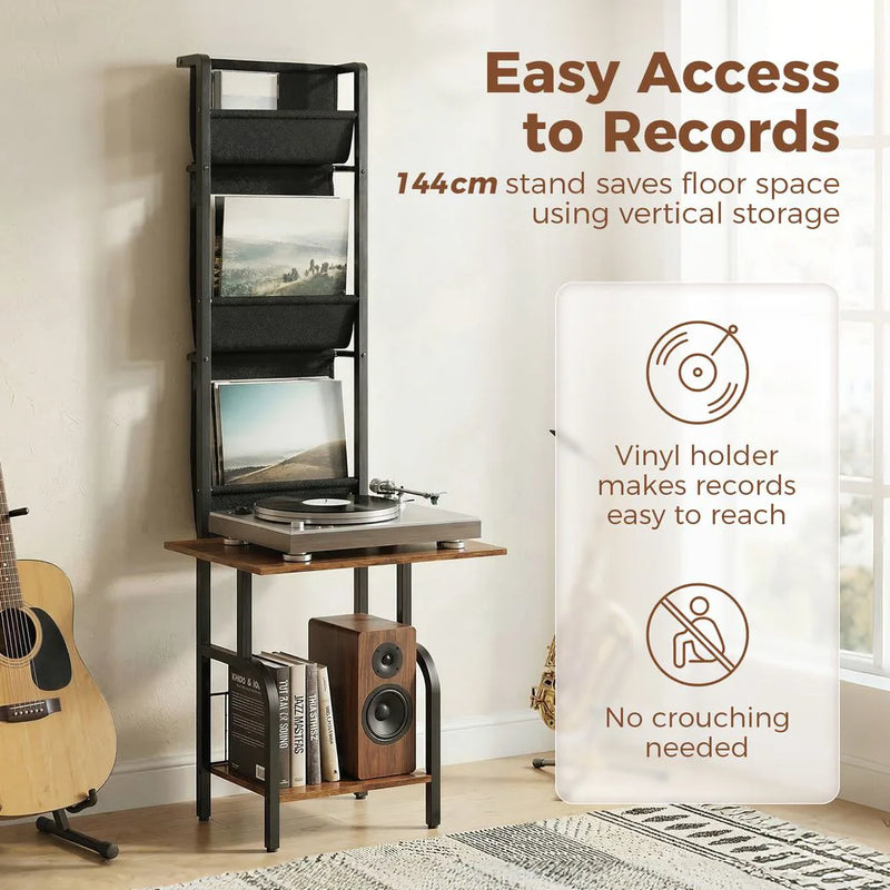 HOMCOM Vinyl Record Player Stand Record Storage with Player Stand Oxford Fabric Pockets Bottom Shelf Rustic Brown and Black