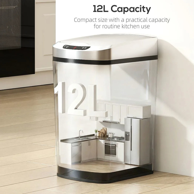 HOMCOM 12L Sensor Bin, Automatic Touchless Motion Sensor Kitchen Bin with Fingerprint Resistant Stainless Steel, Silver