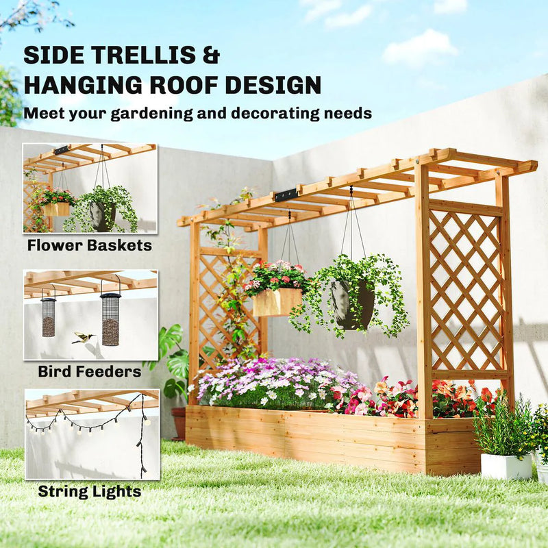 Outsunny Raised Planter with Trellis, Wooden Raised Bed for Garden with Hanging Roof and Drainage Holes, Outdoor Planter Box