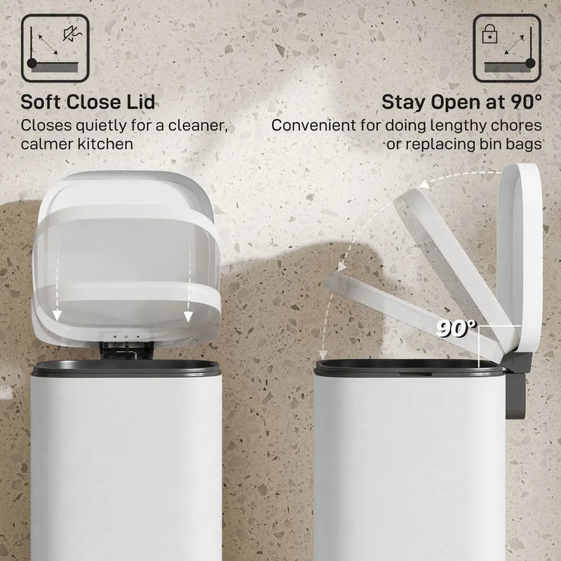 HOMCOM 30L Kitchen Bin, Compact Pedal Bin with Soft-Close and Stay-Open Lid, Removable Bucket for Kitchen, Home, Office, White