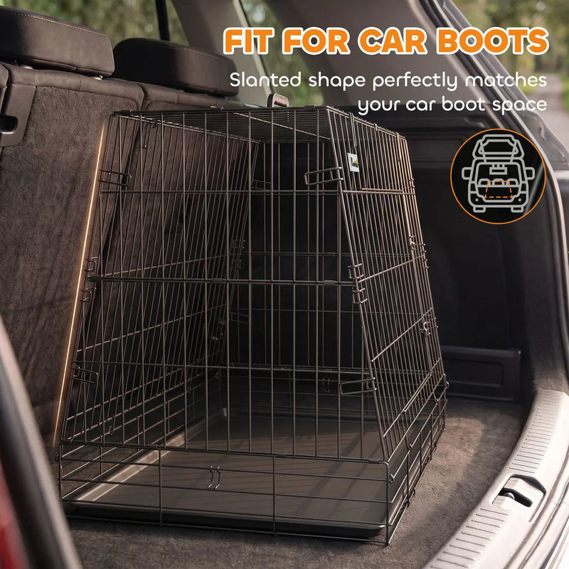PawHut 35"(90 cm) Car Dog Crate Medium Large Collapsible Slanted Travel Dog Cage with Tray for Car Boot
