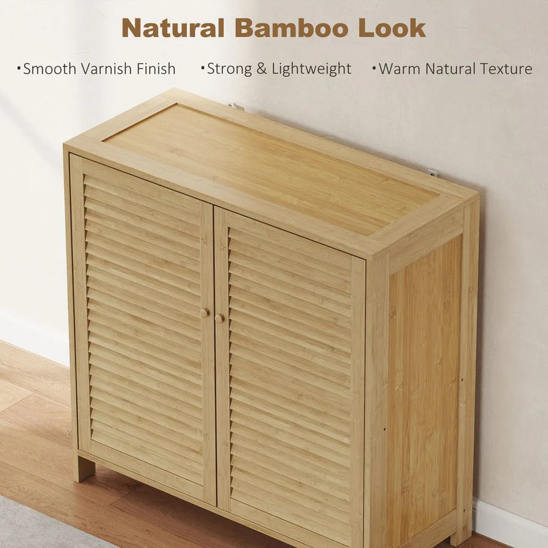 HOMCOM Bamboo Shoe Cabinet with Louvered Doors, 14 Pairs Shoe Storage Cabinet with Adjustable Shelves for Hallway, Natural