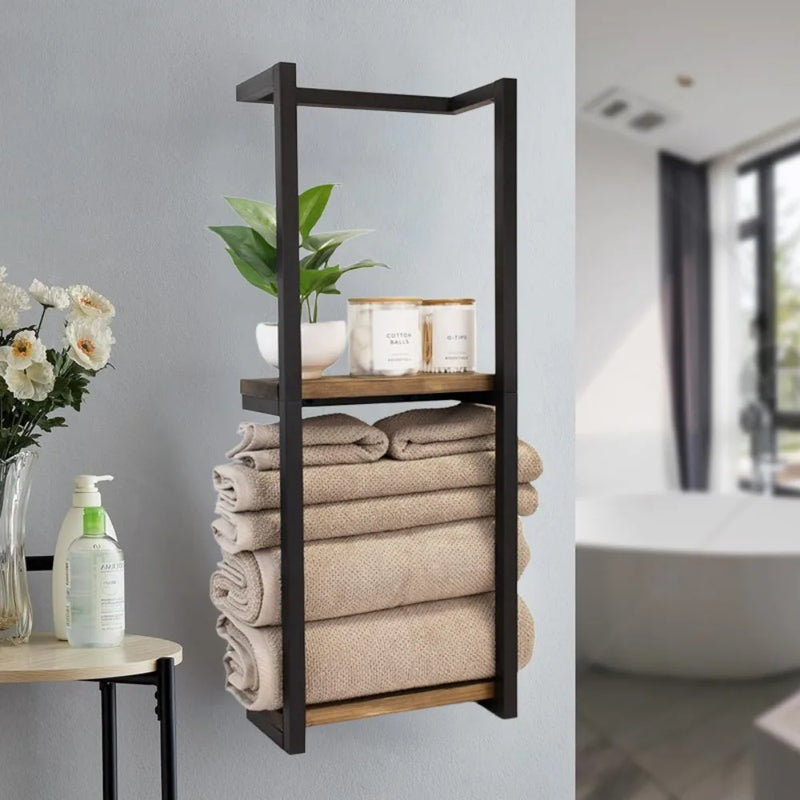 Wall Mounted Towel Rack Metal Storage Shelf Holder Rail-Bathroom Organizer Black