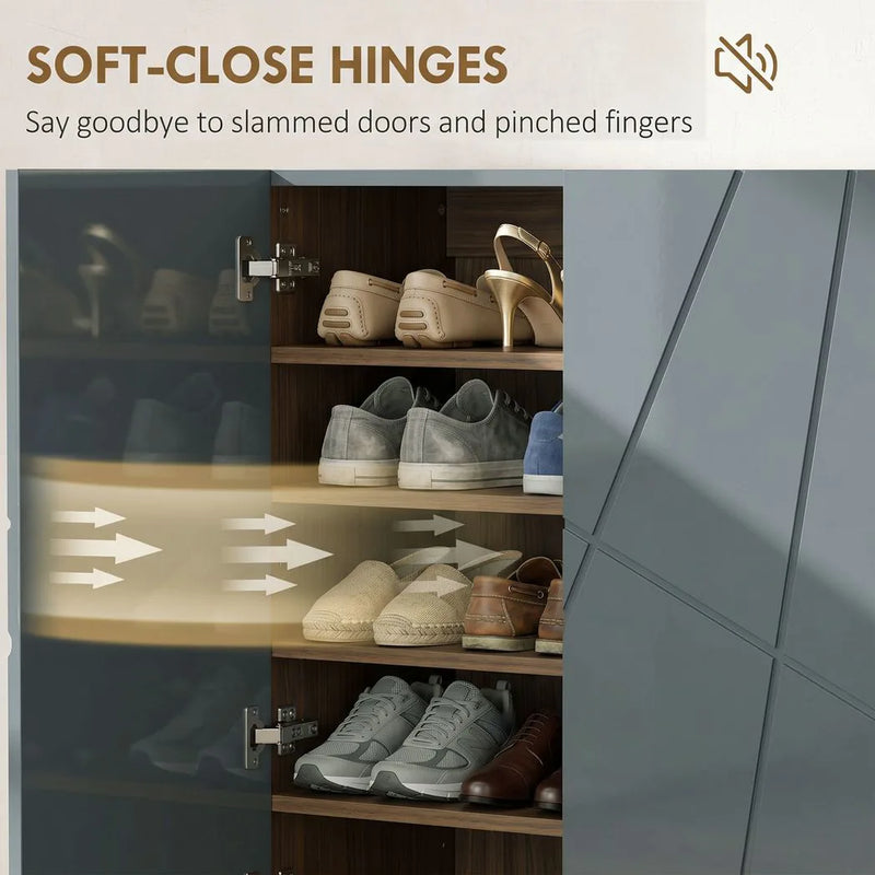 HOMCOM Narrow Shoe Storage Cabinet with Soft-Close Hinges and Adjustable Shelves for 15-20 Pairs of Shoes, Grey