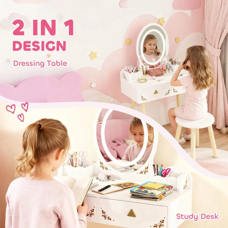 AIYAPLAY Kids Vanity Table and Chair Set with 3-Colour LED Lights Mirror, Drawer, Storage Boxes, for 3 Years, White
