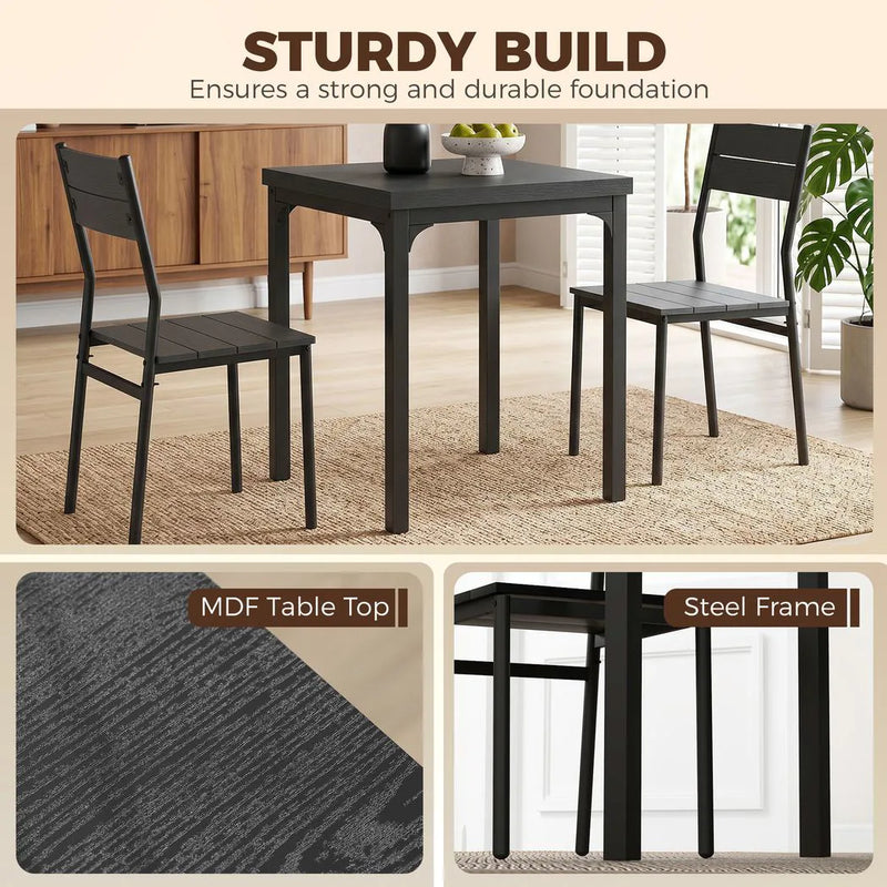 HOMCOM 3 Piece Space-Saving Kitchen Table and Chairs, Dining Table Set for 2 with Metal Legs, Black Wood Effect