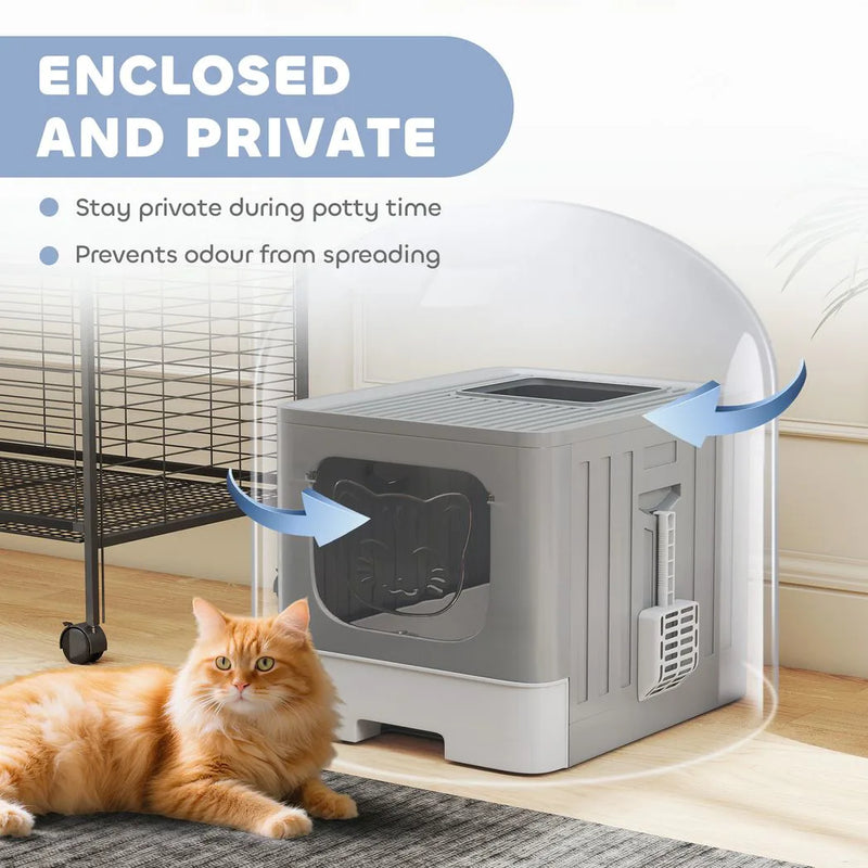 PawHut Cat Litter Box with Lid, Slide-Out Drawer, Scoop, Easy Clean, Odour Control, Anti-Splashing, Grey