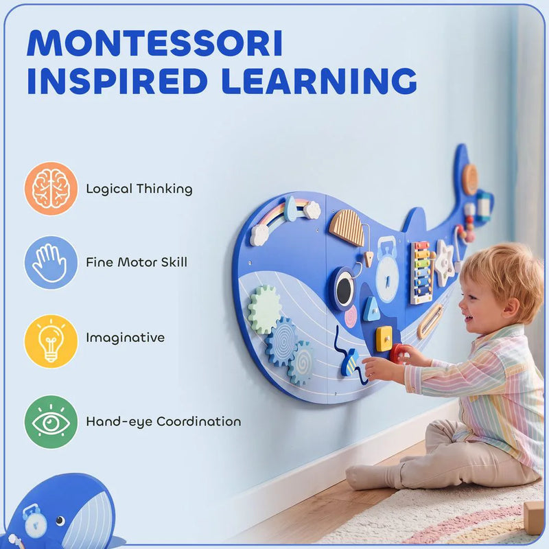 AIYAPLAY Whale Activity Wall Busy Board, 13 in 1 Montessori Inspired Sensory Wall Panel for Playroom Nursery Boys Girls 2, Blue