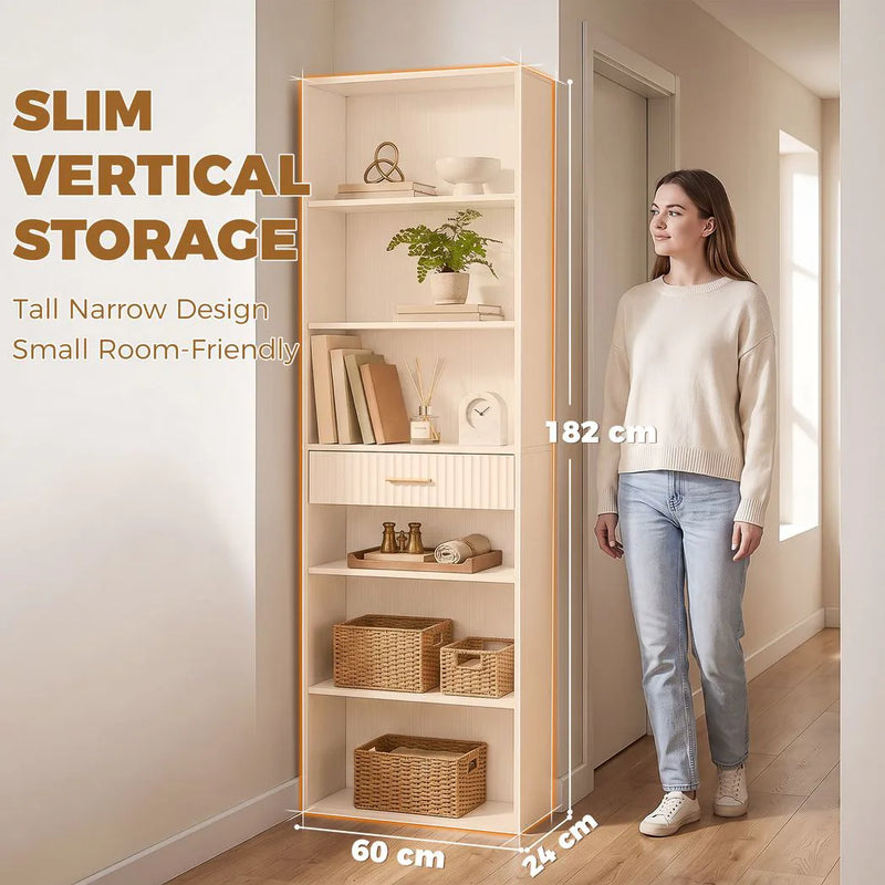 HOMCOM Bookcase Narrow Tall Space-Saving Bookshelf Drawer Open Shelves 60 x 24 x 182 cm White
