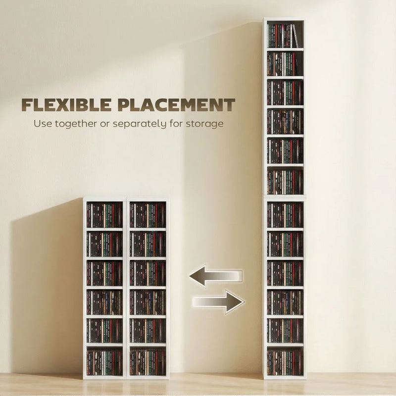 HOMCOM Set of 2 CD Media Display Shelf Unit Tower Rack with Adjustable Shelves, High Gloss White