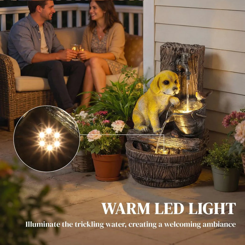 Outsunny Garden Water Feature with 3-Tier Rustic Puppy Design, Freestanding Resin with LED Lights, Adjustable Flow, Rustic Brown