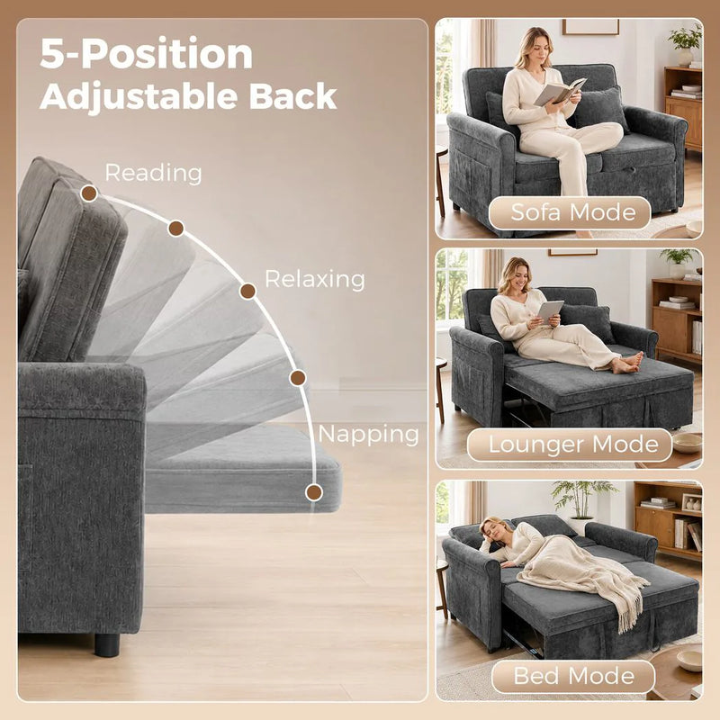 HOMCOM 2 Seater Sofa Bed 3-in-1 Convertible Chenille Pull Out Sleeper Sofa with 5-Position Adjustable Backrest, Grey