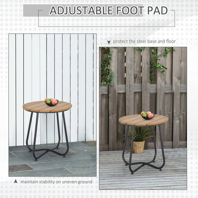 Outsunny Round Outdoor Side Table Adjustable Leg Pads Garden Table 49 x 49 x 48 cm Natural Wood & Black