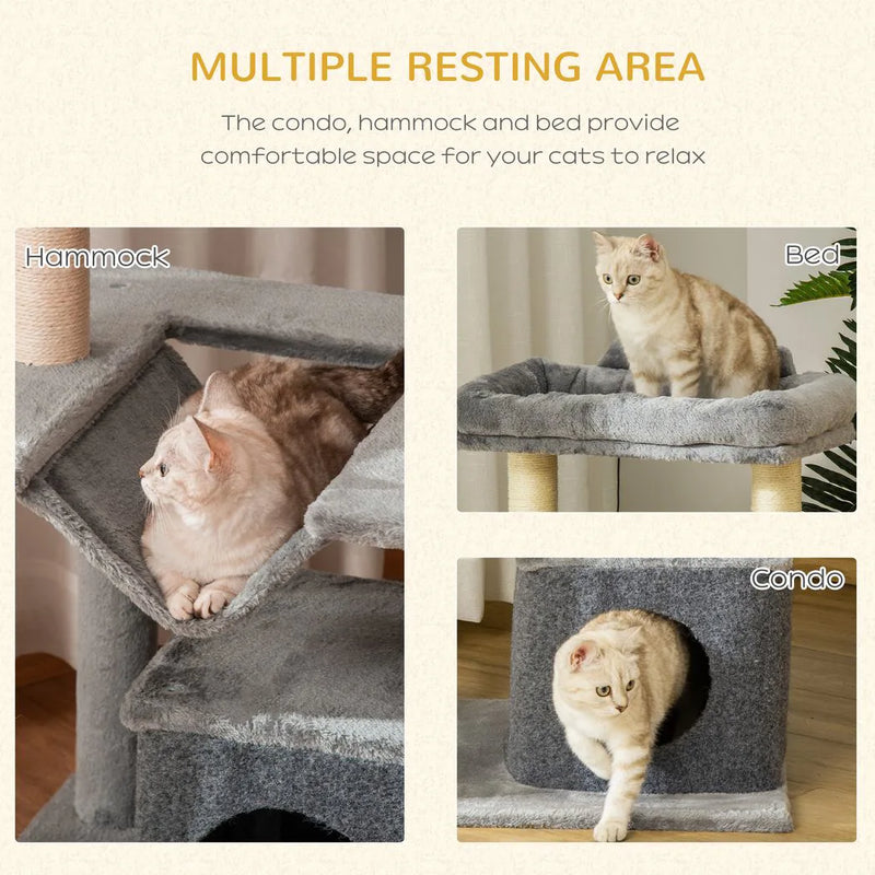 PawHut Cat Tree, 90cm Cat Tower with Sisal Scratching Posts, Cat Condo, Hammock, Top Perch and 2 Hanging Toys for Cats, Grey