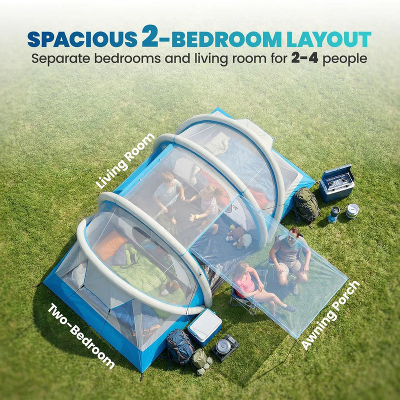 Outsunny Inflatable Tent 2 Bedroom Tunnel Design Windproof Air Tent with Carry Bag for 4 Person