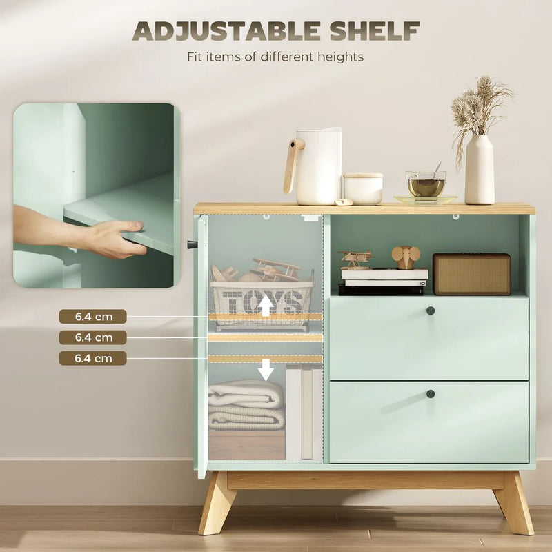 HOMCOM Sideboard Storage Cabinet, 80 cm Buffet Cabinet with 2 Drawers, Open Compartment, Adjustable Shelf, Light Green and Oak