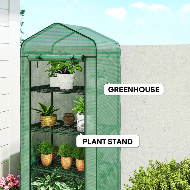 Outsunny 4 Tier Mini Portable Greenhouse Compact Plant Grow Shed Metal Frame PE Cover with Lockable Rolling Wheels , Green