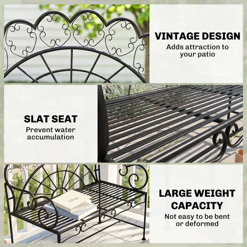 Outsunny Metal Garden Bench Loveseat with Slatted Seat, Black