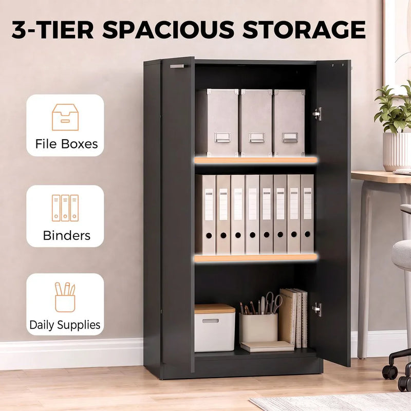 HOMCOM 120 cm Tall Storage Cabinet Cupboard, 3-Tier File Organiser Wooden Filing Cabinet, Black