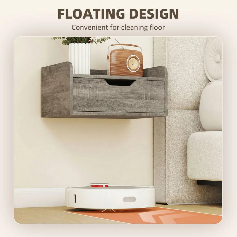HOMCOM Floating Nightstands Set of 2, Wall Mounted Bedside Table with Drawer for Bedroom, Grey Wood Effect