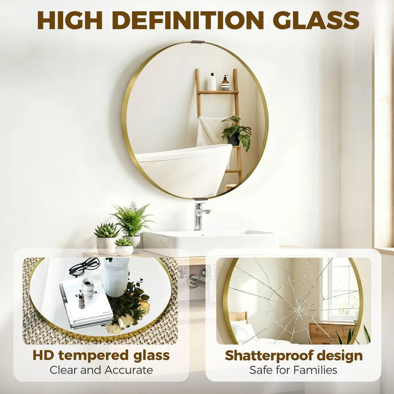 HOMCOM Round Wall Mirror 61 cm, Wall Mounted Bathroom Mirror with Tempered Safety Glass and Aluminium Alloy Frame, Gold Tone