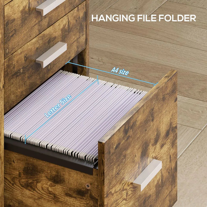 HOMCOM 3 Drawer Filing Cabinet with Lock, Rolling File Cabinet with Edged Top for Letter, A4 Size, Hanging File Folders