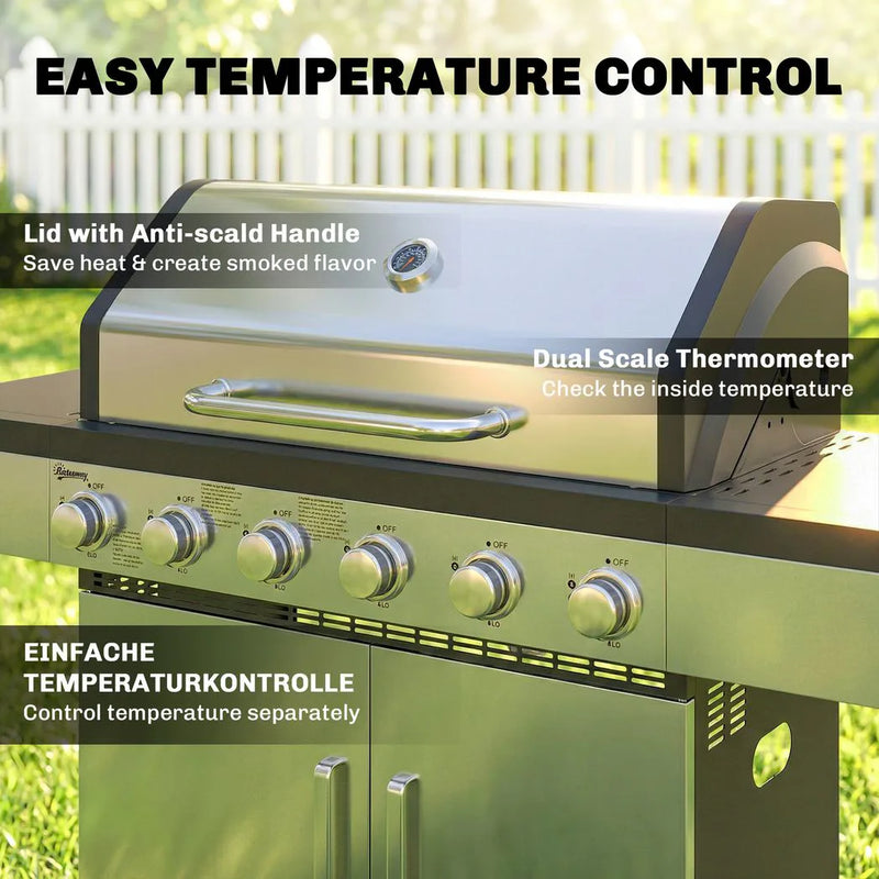 Outsunny 6 Burner Liquid Propane Gas BBQ Grill, Outdoor Portable Gas Barbecue Grill with Warming Rack, Side Tables, Cabinet