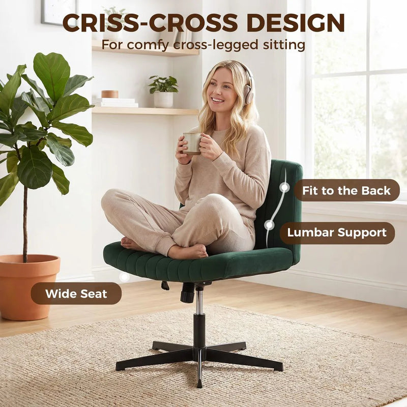 HOMCOM Flannel Criss Cross Legged Desk Chair, Armless Office Chair No Wheels, Green