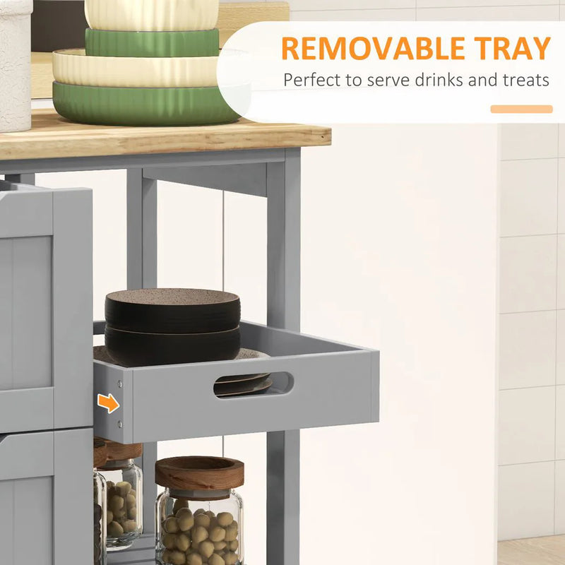 HOMCOM Rolling Kitchen Island Cart, Bar Serving Cart, Compact Trolley on Wheels with Wood Top, Shelves & Drawers, Grey