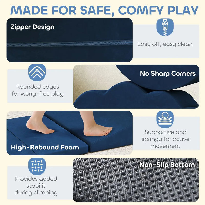 AIYAPLAY 7 Piece Kids Soft Play Set with Detachable Cover, Baby Indoor Climb and Crawl Foam Toy for Toddlers, Dark Blue