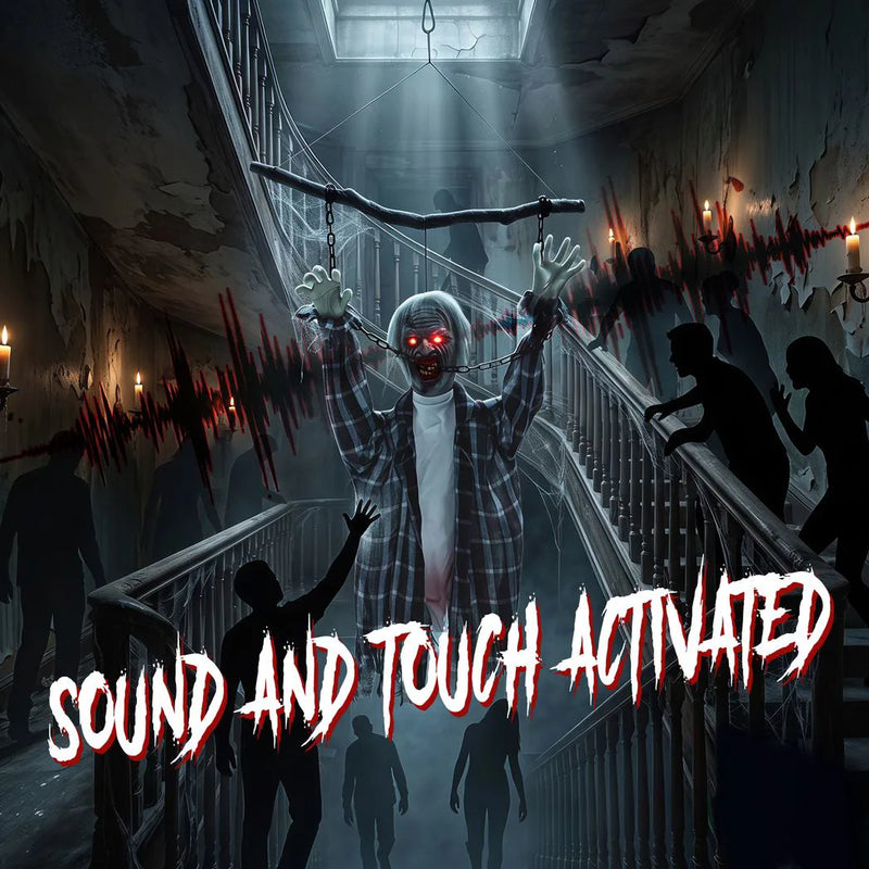 HOMCOM 110cm Screaming Animated Hanging Halloween Decoration, Sound Touch Activated Zombie Decor with Glowing Red Eyes