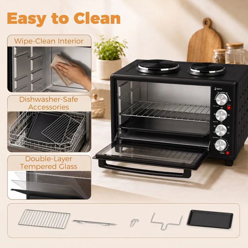 HOMCOM 46L Mini Oven with Dual Hot Plates, Electric Countertop Cooker with Convection, 90?230°C Adjustable Temperature