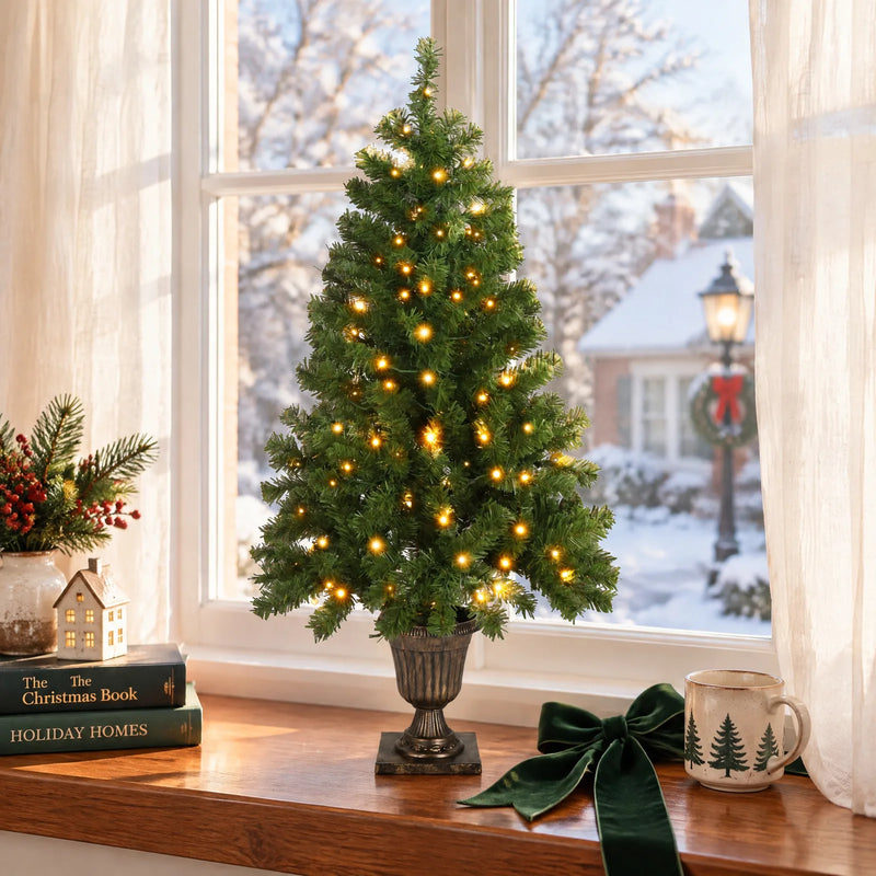 4 FT Pre-lit Artificial Christmas Tree with Trophy Shaped Base, Potted Xmas Tree with 120 Warm Lights, 211 Branch Tips and Remote Control for Holiday Party Office Home, Green